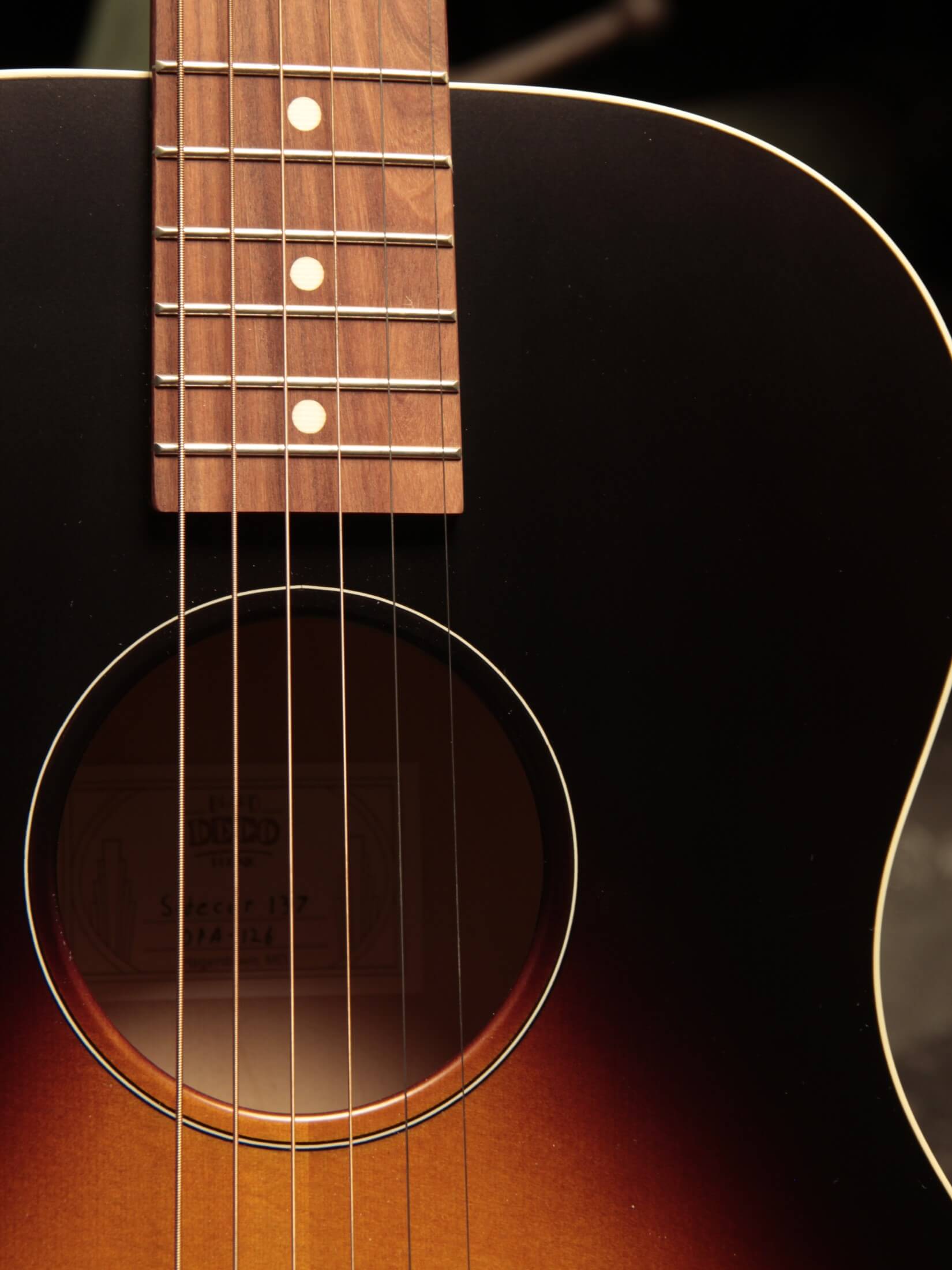 Deco Phonic Sidecar acoustic guitar close up on soundhole