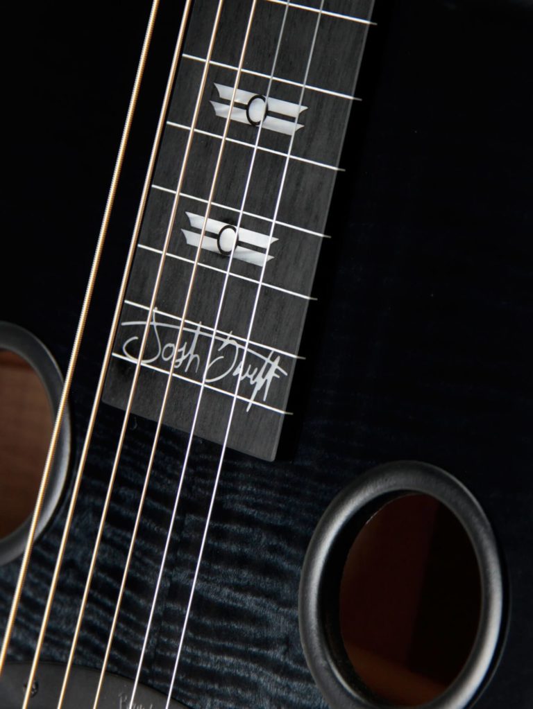 Josh Swift Signature resonator guitar close up on fretboard, Black Ice