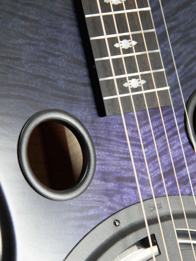 Josh Swift Signature resonator guitar close up on soundhole, Purple Reign sunburst
