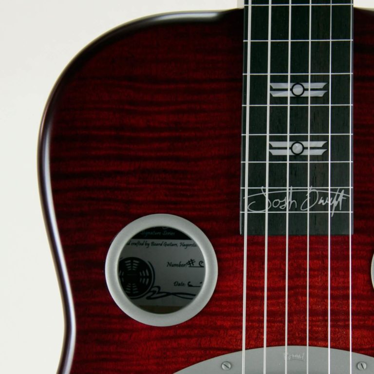 Josh Swift Signature resonator guitar close up on fretboard, Red Assault sunburst