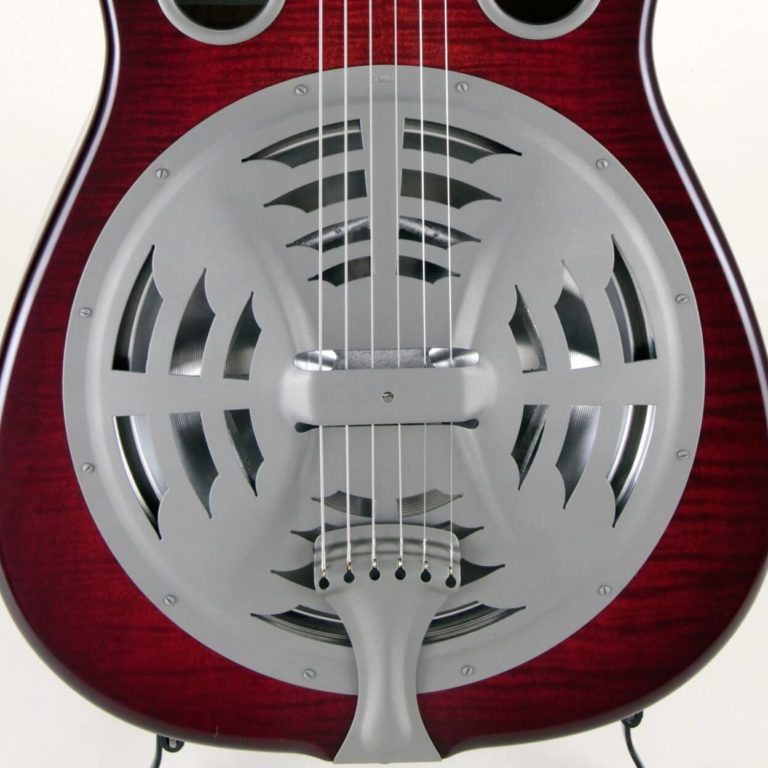 Josh Swift Signature resonator guitar close up on coverplate, Red Assault sunburst