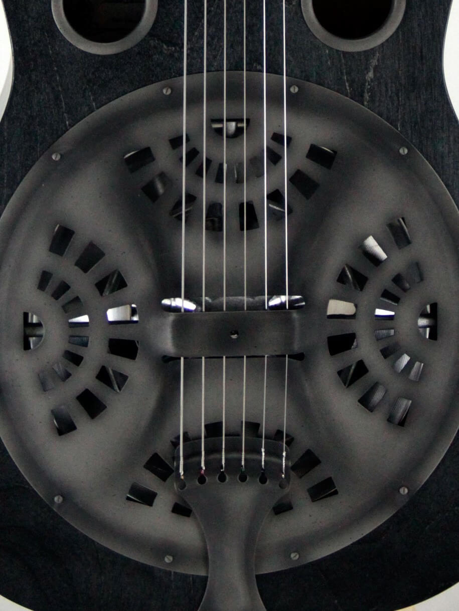 Josh Swift Standard resonator guitar close up on coverplate, Black Ice