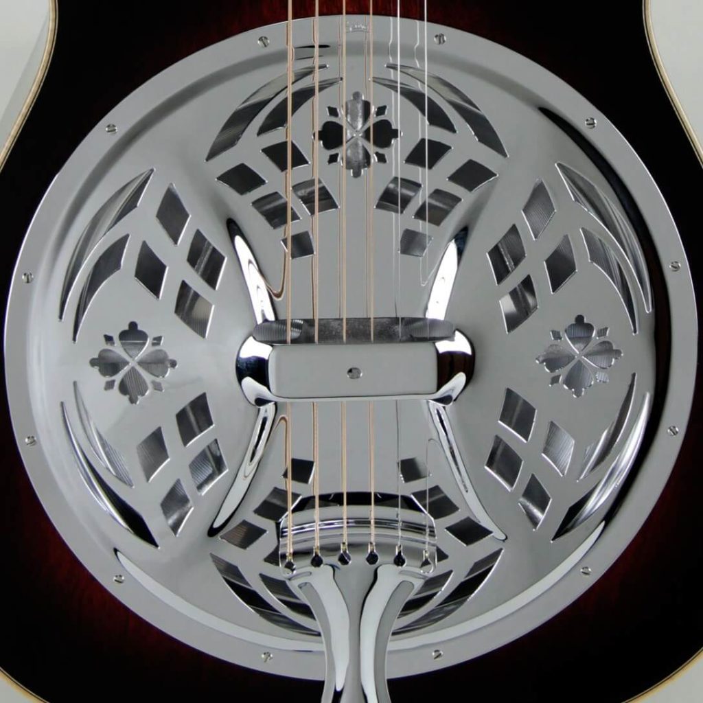 Beard MA-6 resonator guitar close up on coverplate, Tobacco sunburst