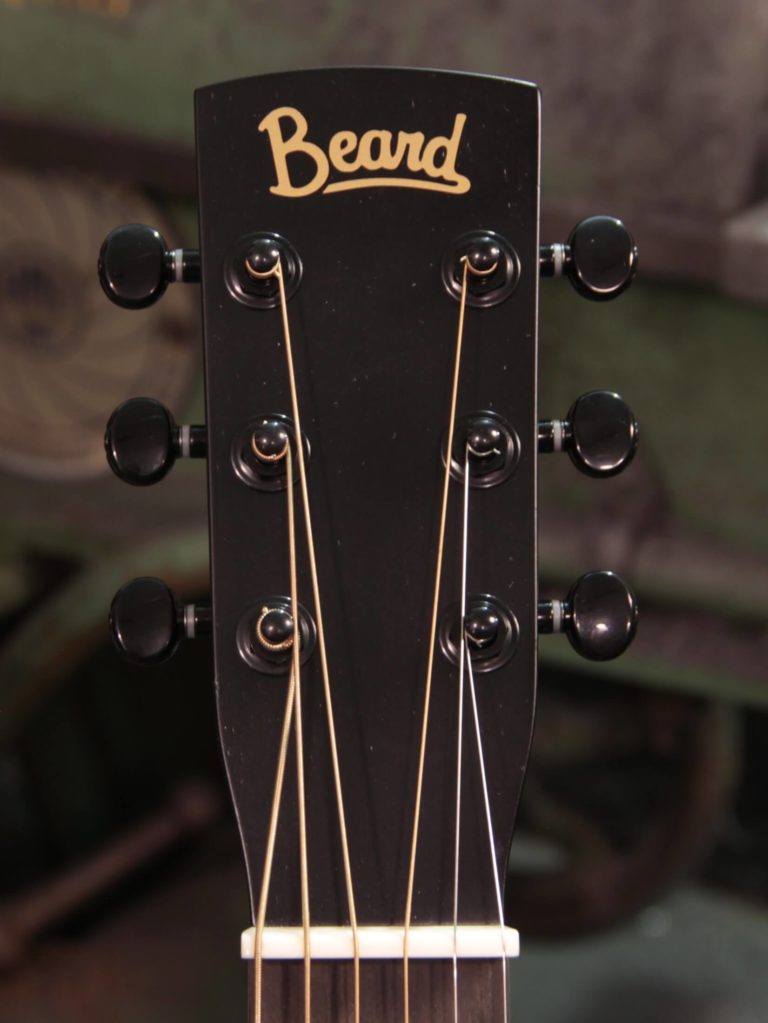 Radio Standard-E resonator guitar close up on peghead, Black Ice