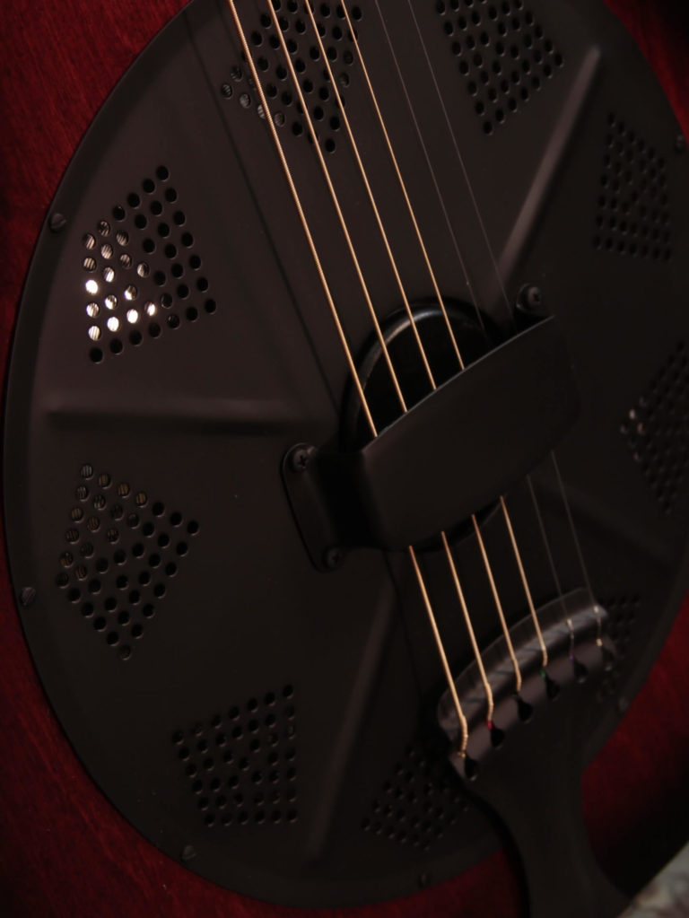 Radio Standard-RFB resonator guitar close up on coverplate, Scarlet sunburst