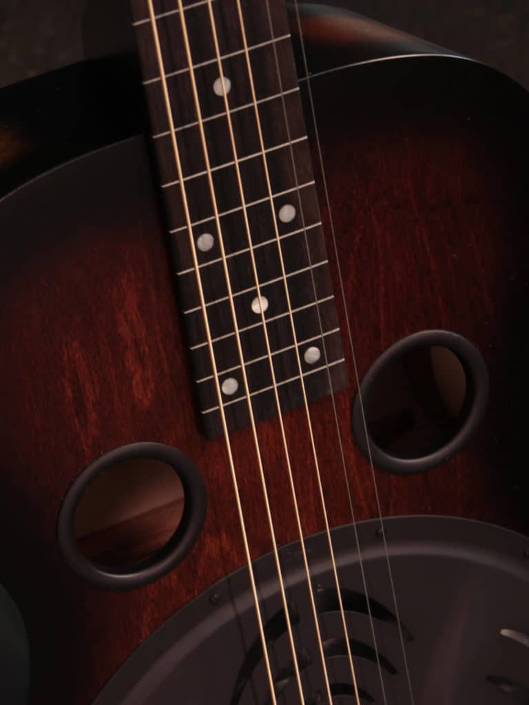 Radio Standard-R resonator guitar close up on fretboard, Tobacco sunburst